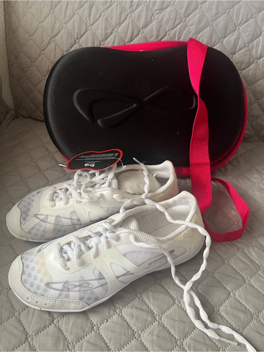 NFINITY White Athletic Cheer Shoes with Pink Carry Case